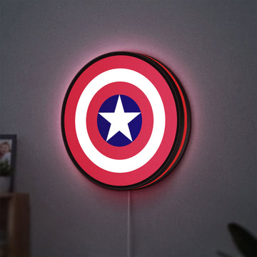 Captain America Shield LED lightbox hanging on a wall with red glow