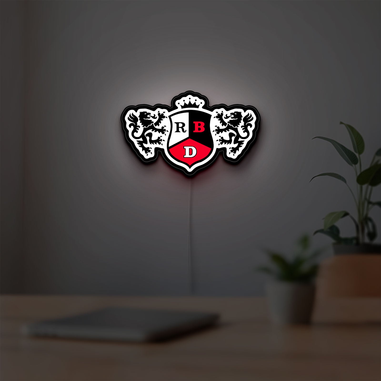 RBD LED lightbox hanging on a room wall with soft white light
