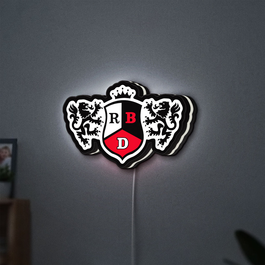 RBD LED lightbox hanging on a wall with white glow