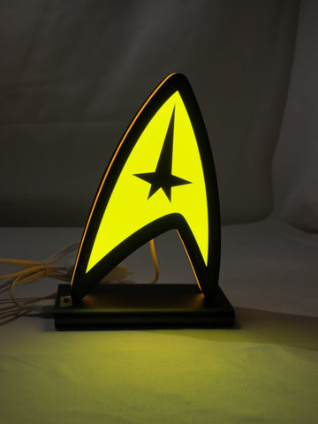 Star Trek Command Insignia LED Light Box (20cm) - Illuminated front view standing, unique wall art for desk and room decor