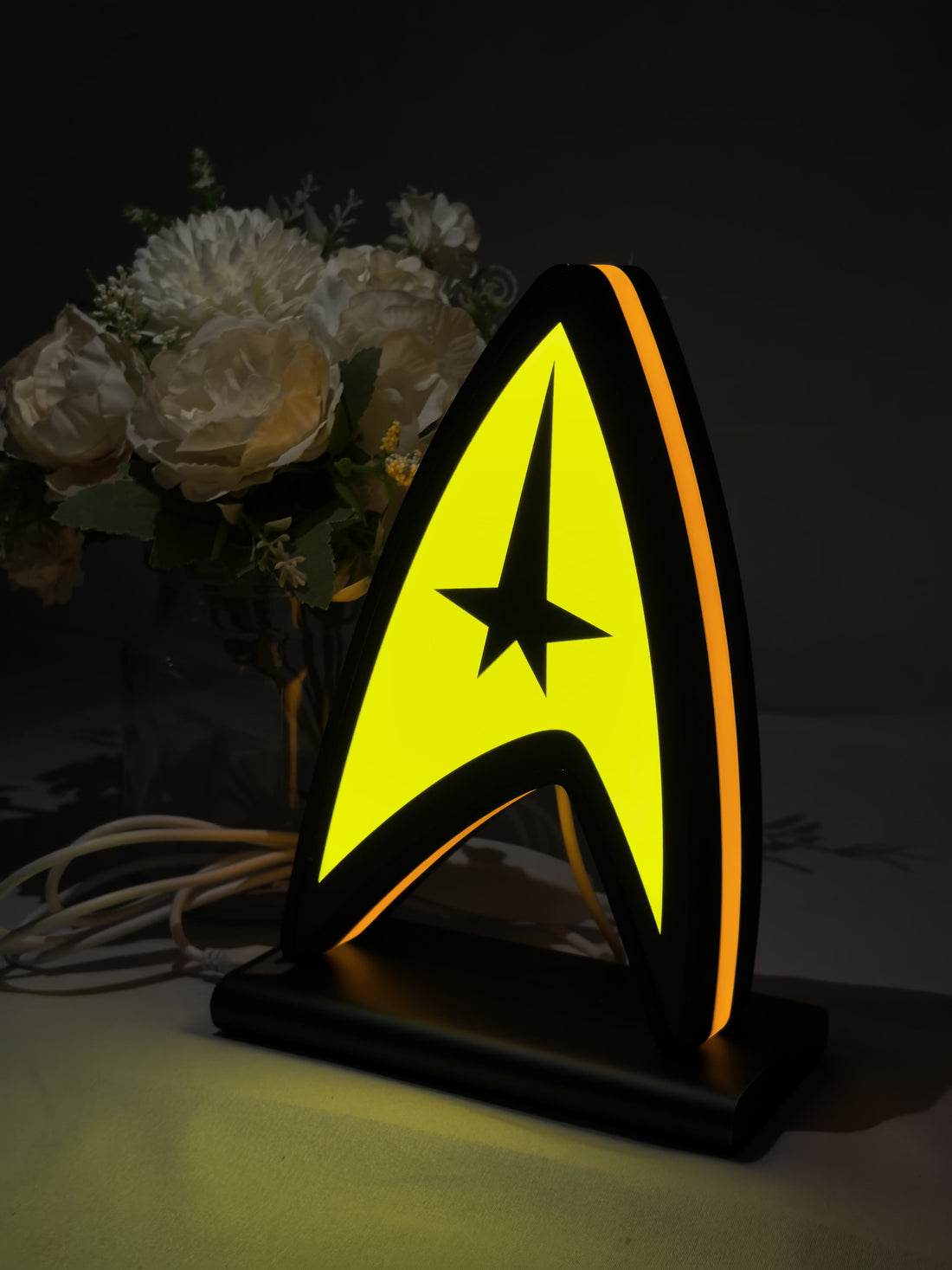 Star Trek Command Insignia LED Light Box (20cm) - Illuminated front view standing, unique wall art for desk and room decor
