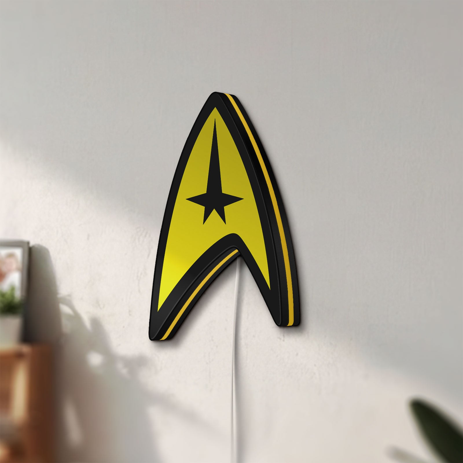Unlit Star Trek Command Insignia LED lightbox mounted on a wall in daylight