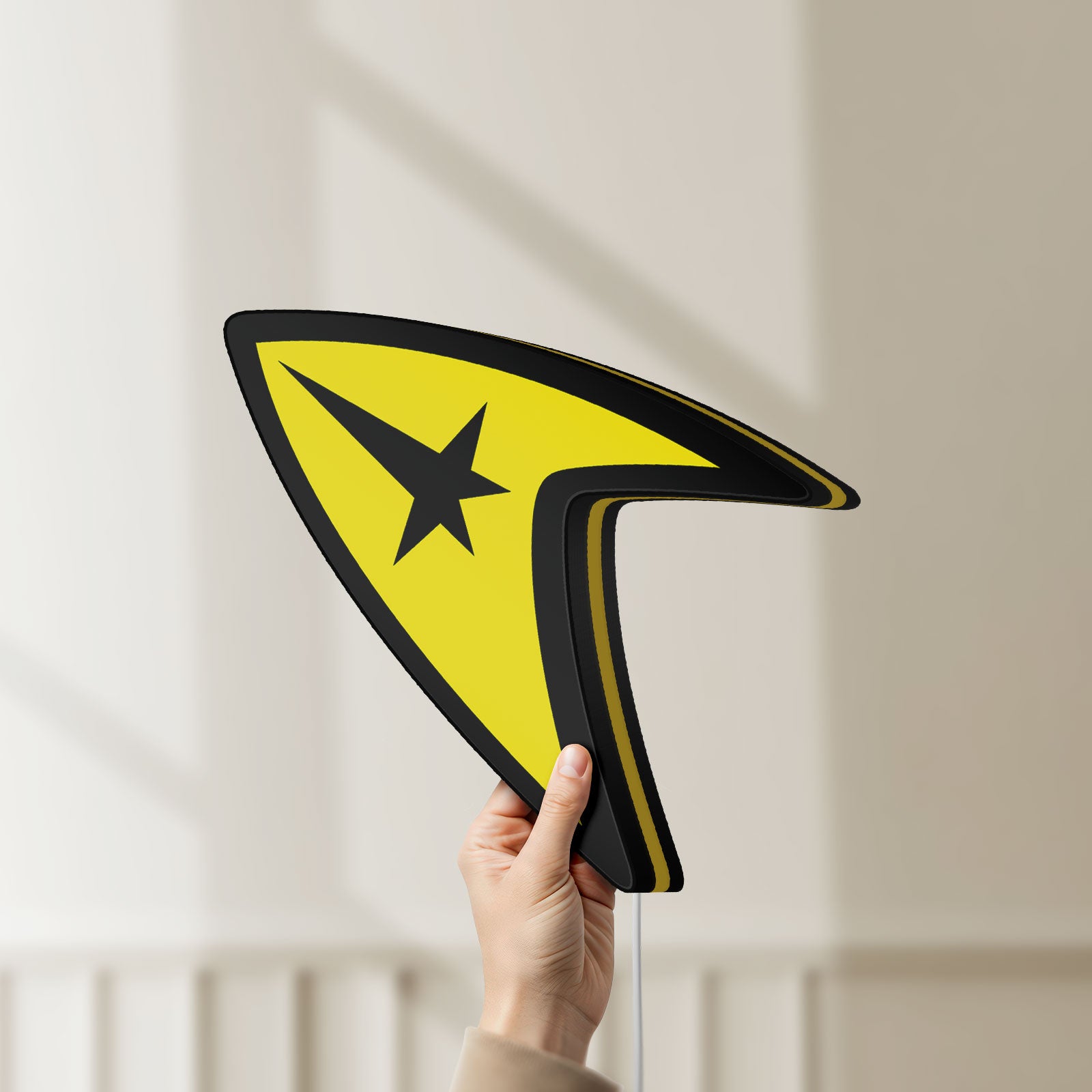 Unlit Star Trek Command Insignia LED lightbox held by hand to show size and details