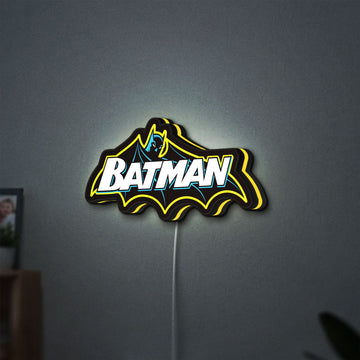 Batman LED lightbox hanging on a wall with yellow glow