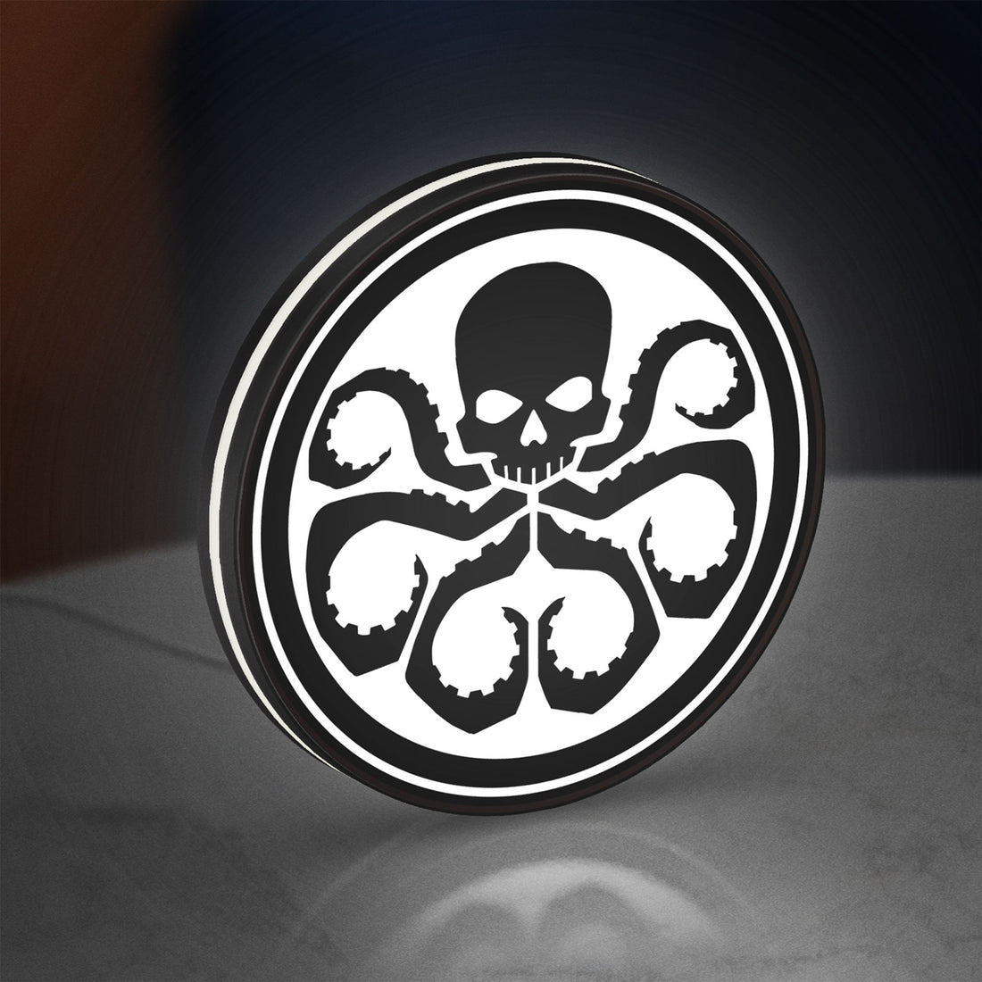 Hydra Agents of Shield LED lightbox hanging on a wall with white glow