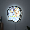 Bluey Inspired LED lightbox hanging on a wall with white glow