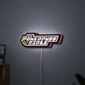 The Powerpuff Girls LED lightbox hanging on a wall with pink glow
