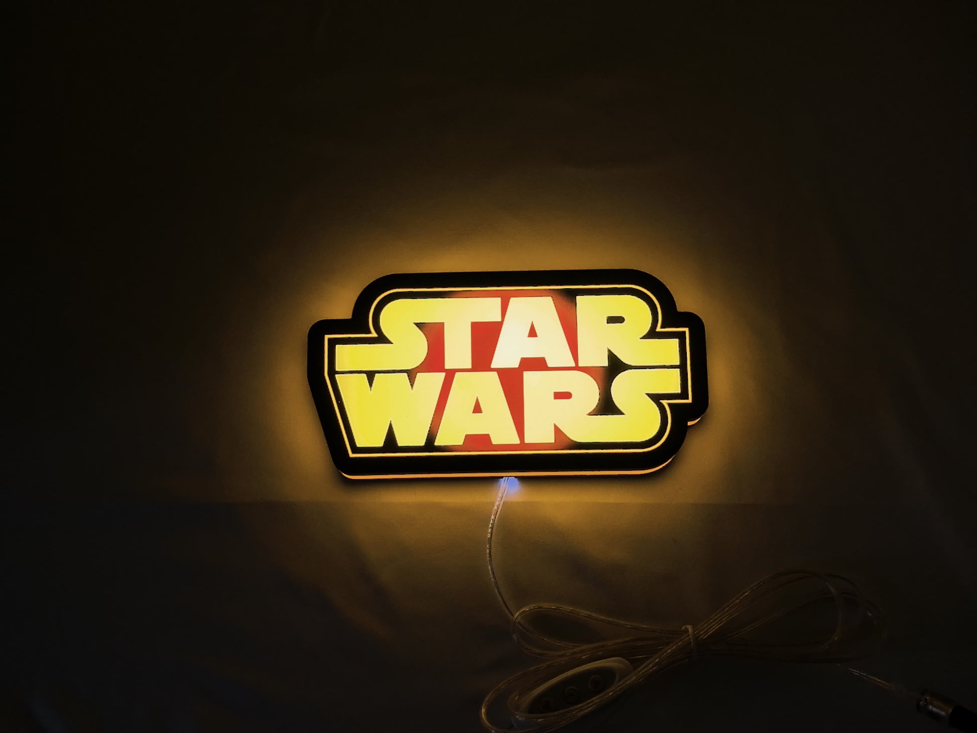 Illuminated flat lay front view of Star Wars Illuminated Sign in 20cm, great for home theater and media room decor