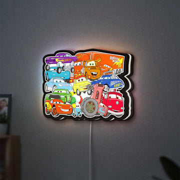 Disney's Cars Characters LED lightbox hanging on a wall with white glow