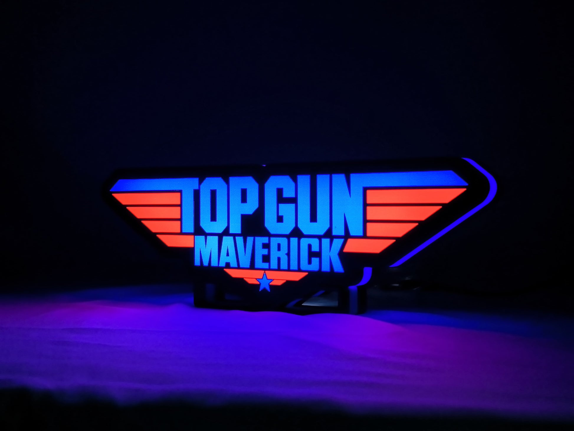 Illuminated angled view standing of Top Gun Maverick 3D LED Sign in 20cm, great for home theater and media room decor