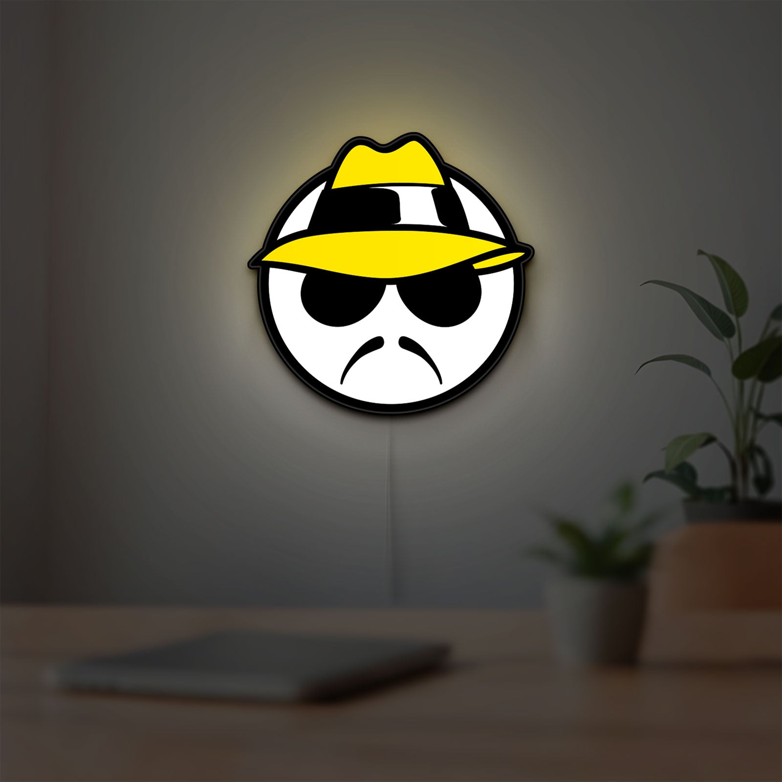 Lowrider LED lightbox hanging on a room wall with soft white light