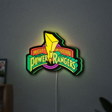 Mighty Morphin Power Rangers LED lightbox hanging on a wall with green glow