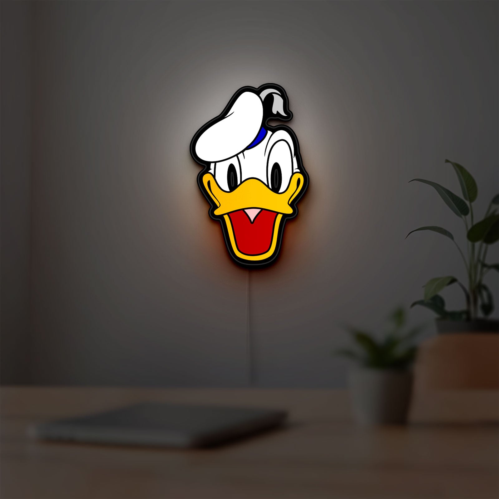 Donald LED lightbox hanging on a room wall with soft white light