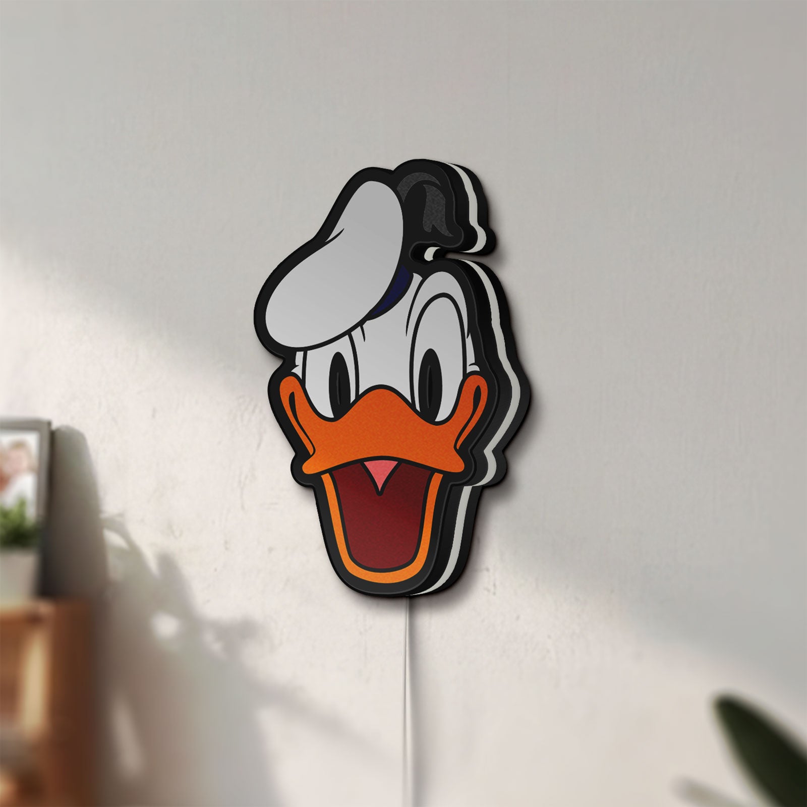 Unlit Donald LED lightbox mounted on a wall in daylight