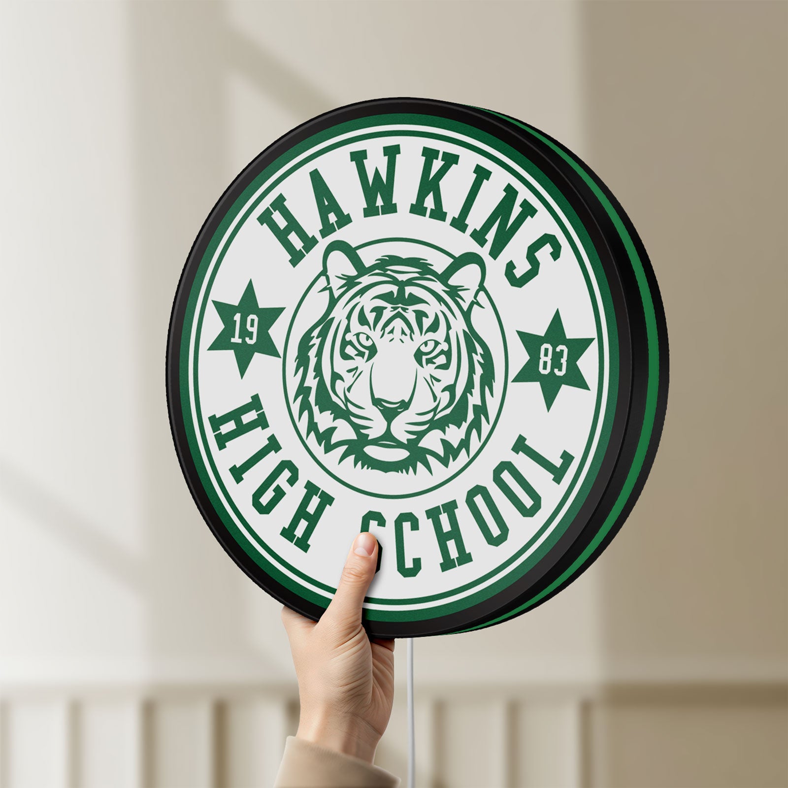 Unlit Hawkins Stranger Things LED lightbox held by hand to show size and details