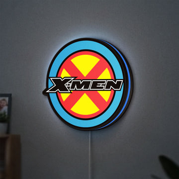 X-Men LED lightbox hanging on a wall with blue glow