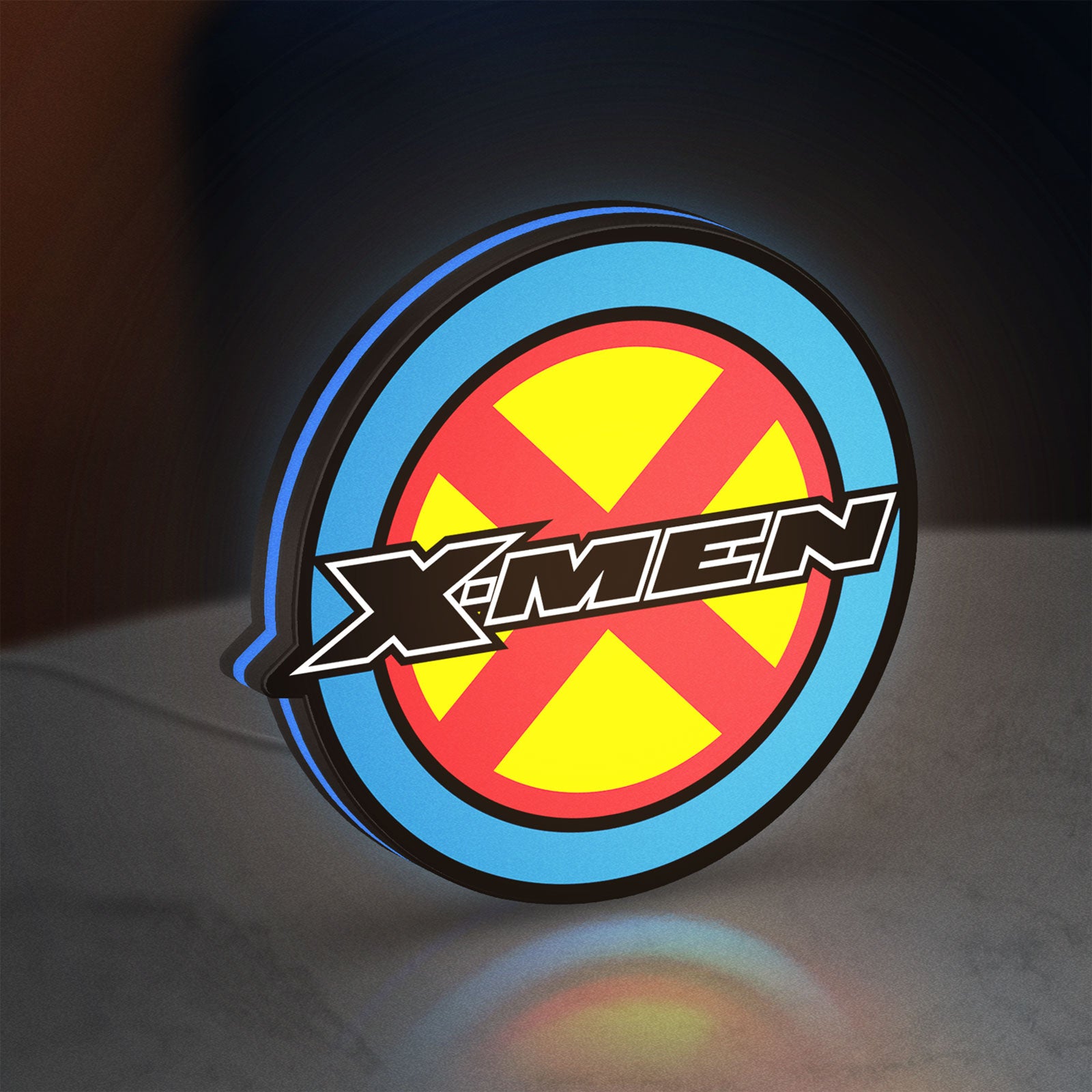 X-Men LED lightbox standing on a desk from an angled side view with blue glow