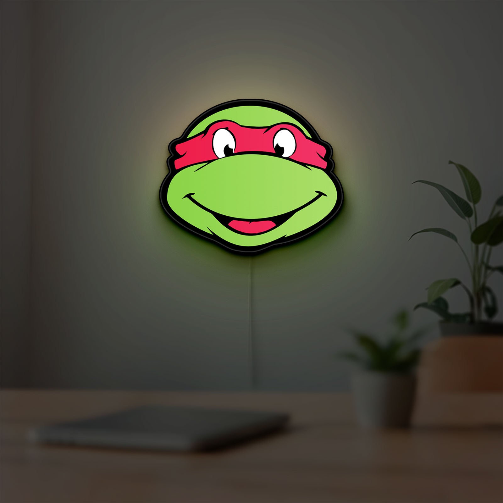 Teenage Mutant Ninja Turtles LED lightbox hanging on a room wall with soft green light