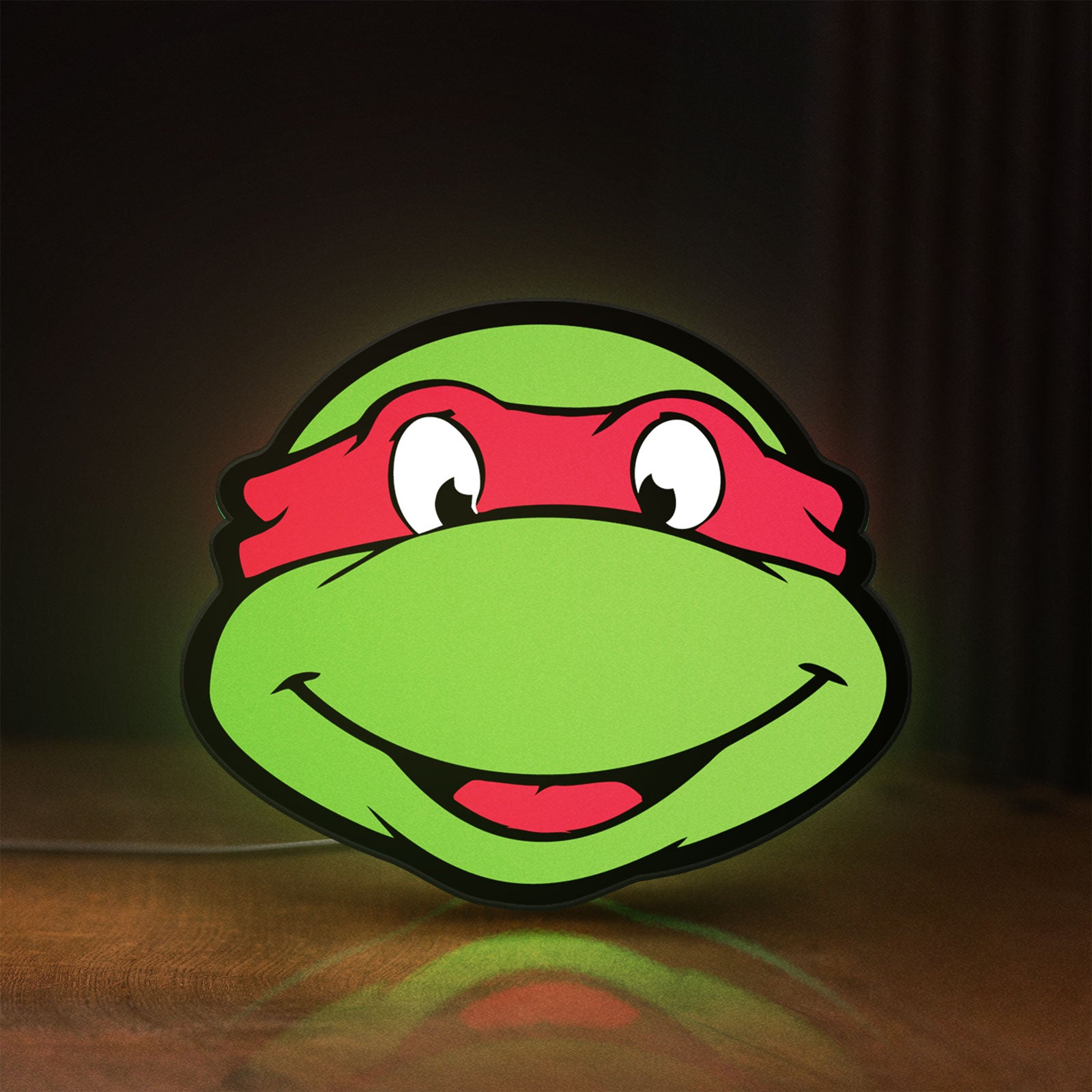Front view of Teenage Mutant Ninja Turtles LED lightbox sign glowing on a wooden desk
