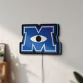 Unlit Monsters University LED lightbox mounted on a wall in daylight