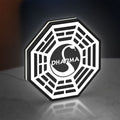 Dharma Initiative LED lightbox standing on a desk from an angled side view with white glow