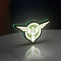 Captain America SSR LED lightbox standing on a desk from an angled side view with green glow