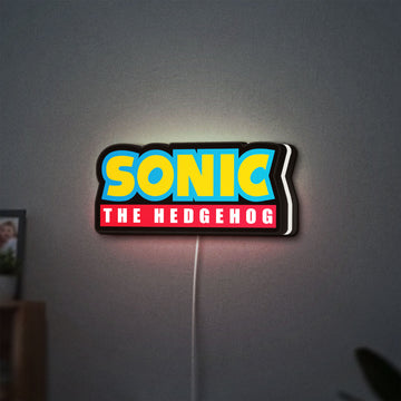 Sonic the Hedgehog LED lightbox hanging on a wall with white glow