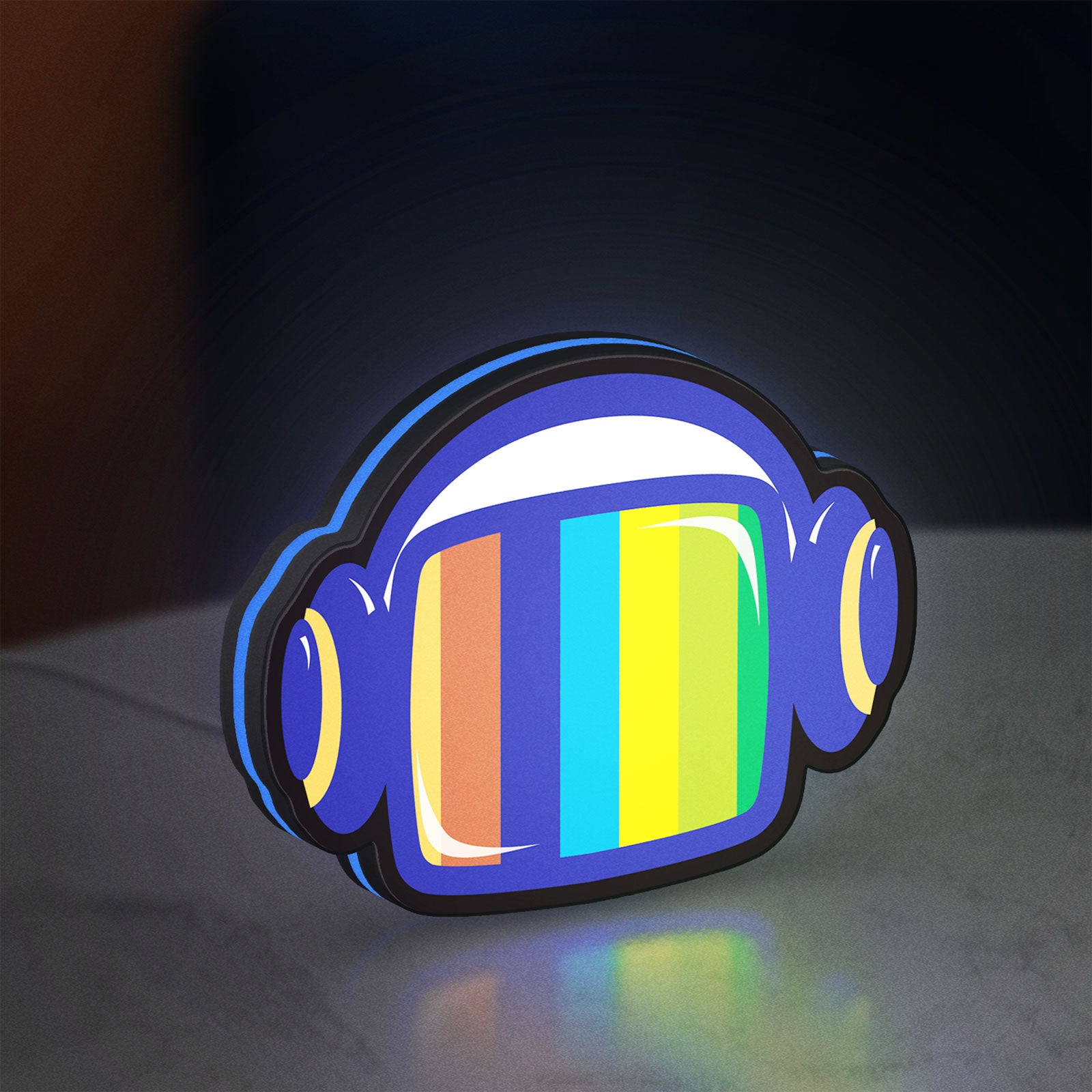 Retro Broadcast LED lightbox standing on a desk from an angled side view with blue glow
