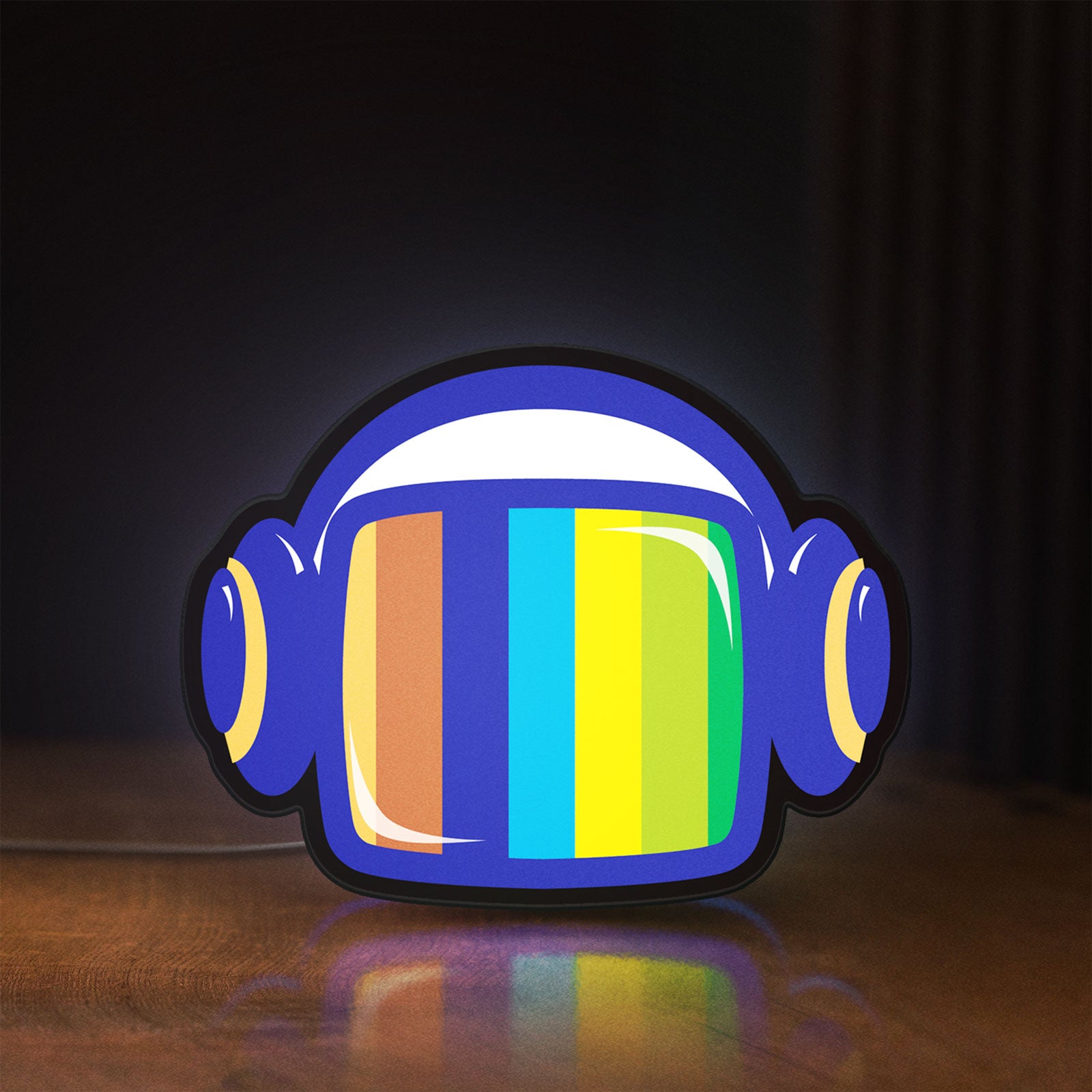 Front view of Retro Broadcast LED lightbox sign glowing on a wooden desk
