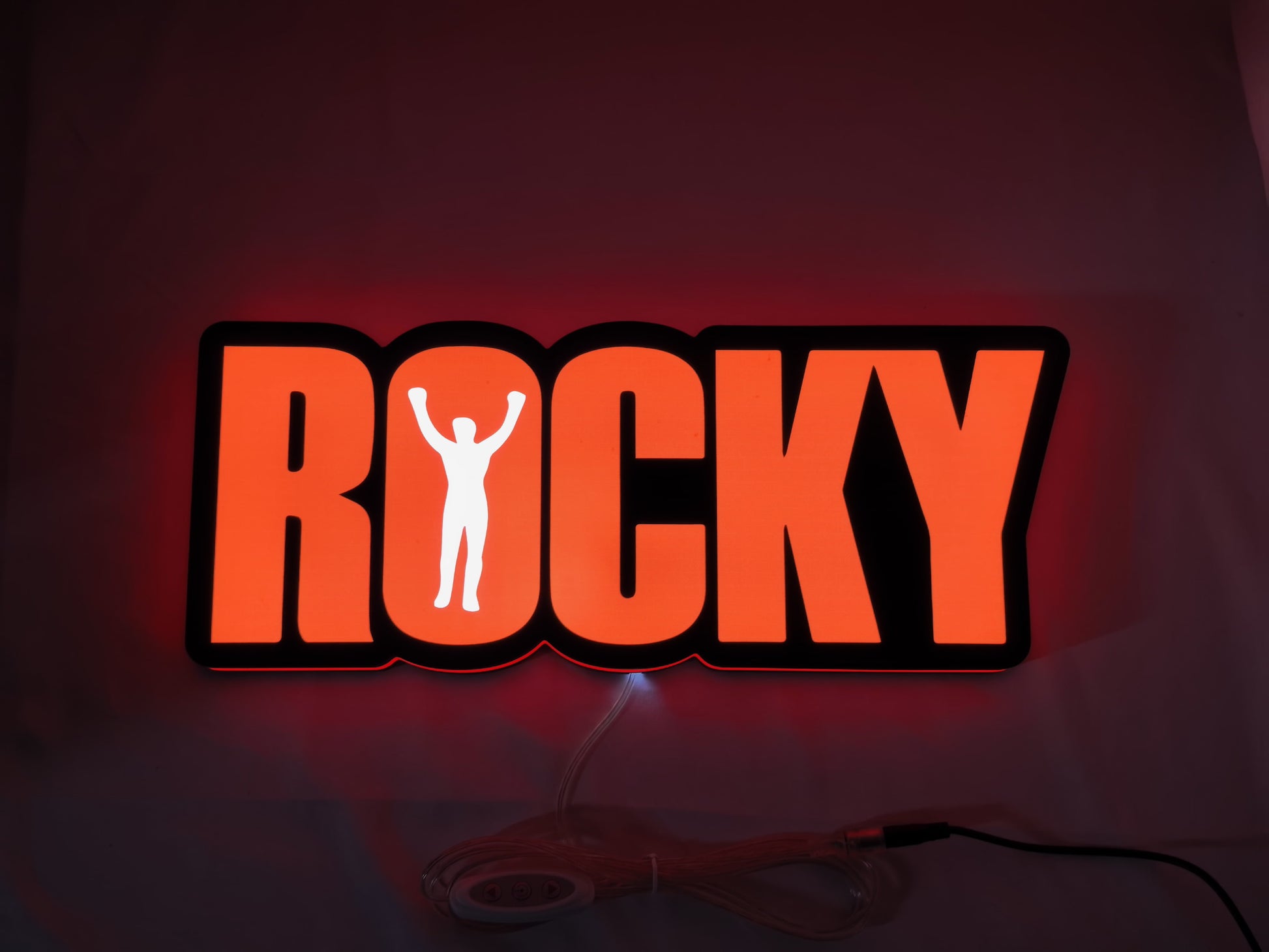 40cm Rocky Balboa Glowing Wall Art - Illuminated flat lay front view, perfect for music studio and bedroom decor