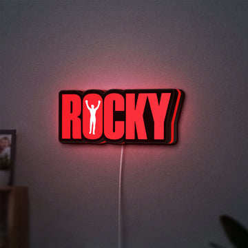 Rocky Balboa LED lightbox hanging on a wall with red glow