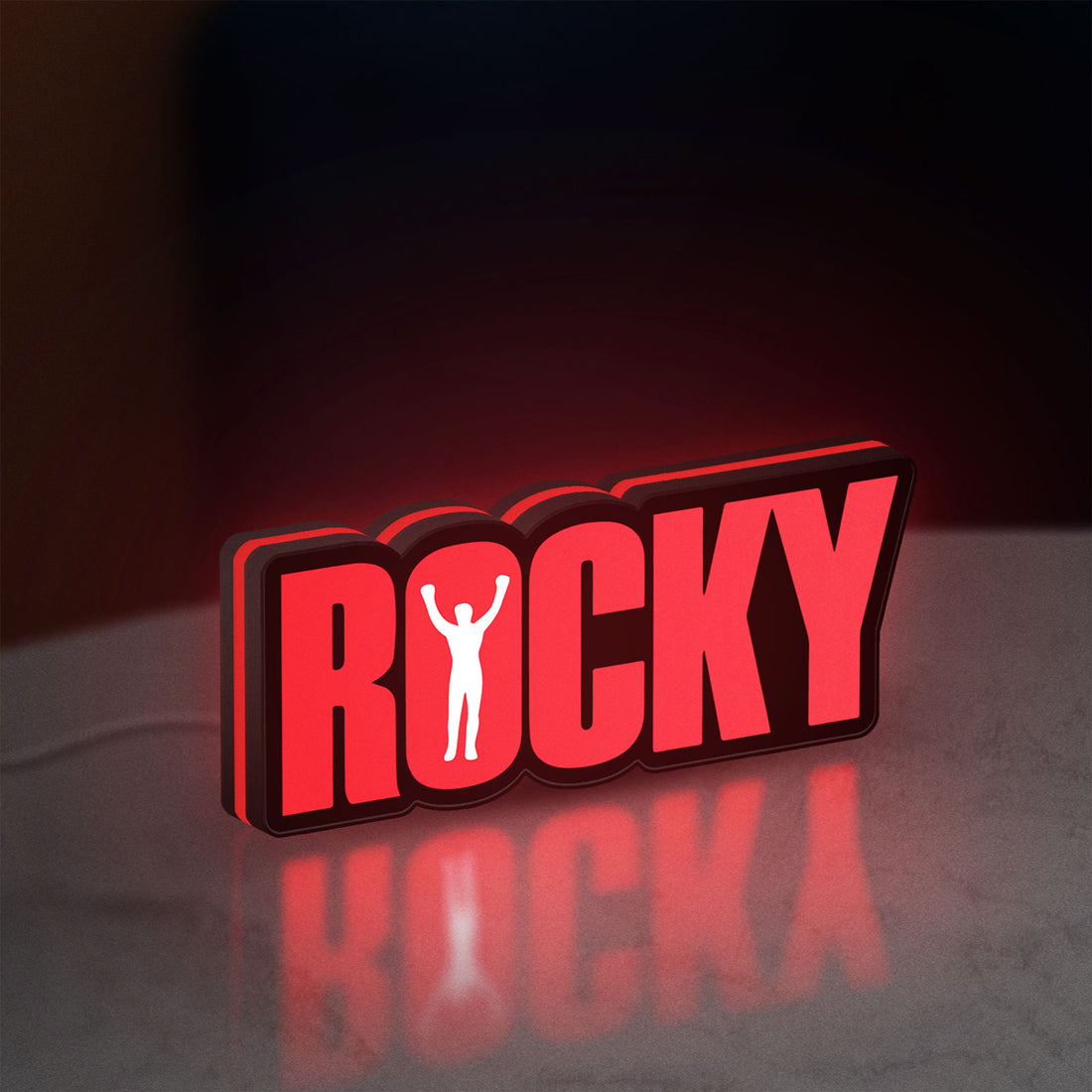 Rocky Balboa LED lightbox hanging on a wall with red glow