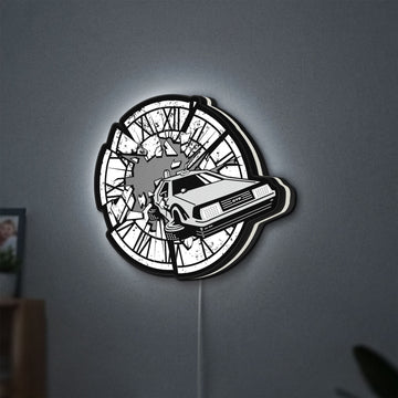 Back to the Future Delorean LED lightbox hanging on a wall with white glow