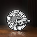 Front view of Back to the Future Delorean LED lightbox sign glowing on a wooden desk