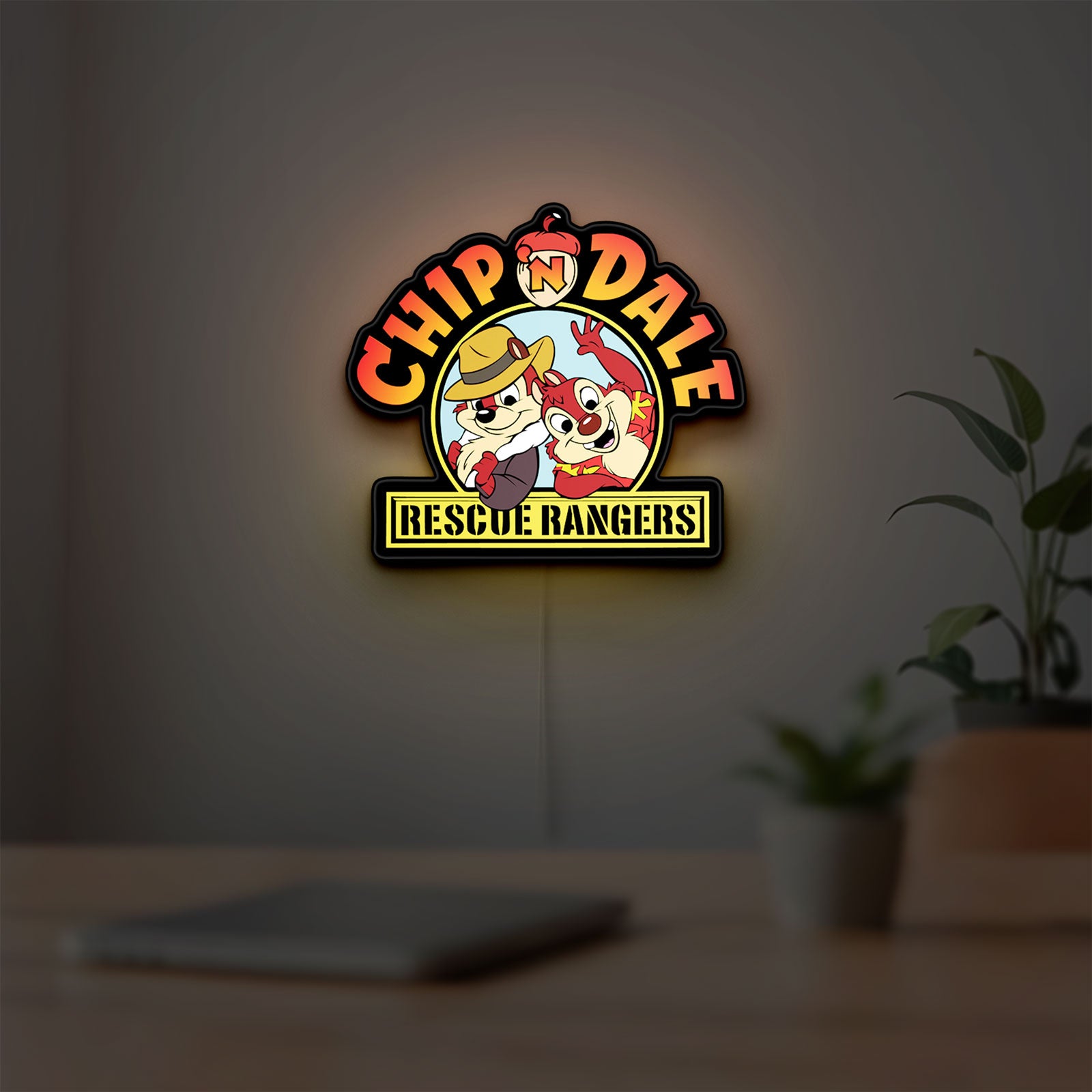 Chip n Dale Rescue Rangers LED lightbox hanging on a room wall with soft yellow light