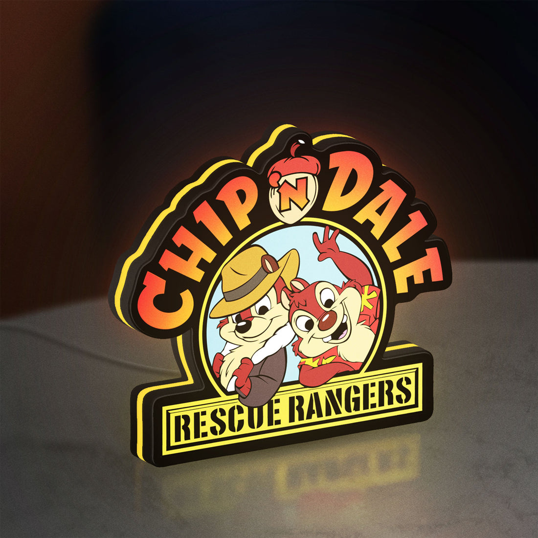 Chip n Dale Rescue Rangers LED lightbox hanging on a wall with yellow glow