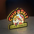 Chip n Dale Rescue Rangers LED lightbox standing on a desk from an angled side view with yellow glow