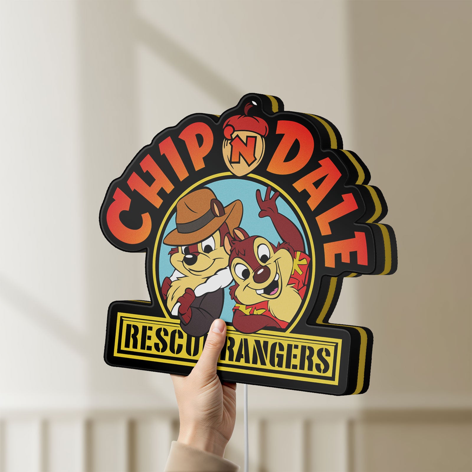 Unlit Chip n Dale Rescue Rangers LED lightbox held by hand to show size and details