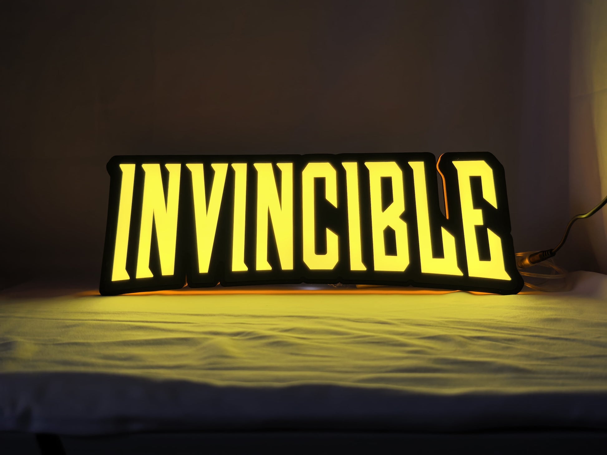 40cm Invincible 3D Printed Sign - Illuminated front view standing, cool game room and bedroom decor