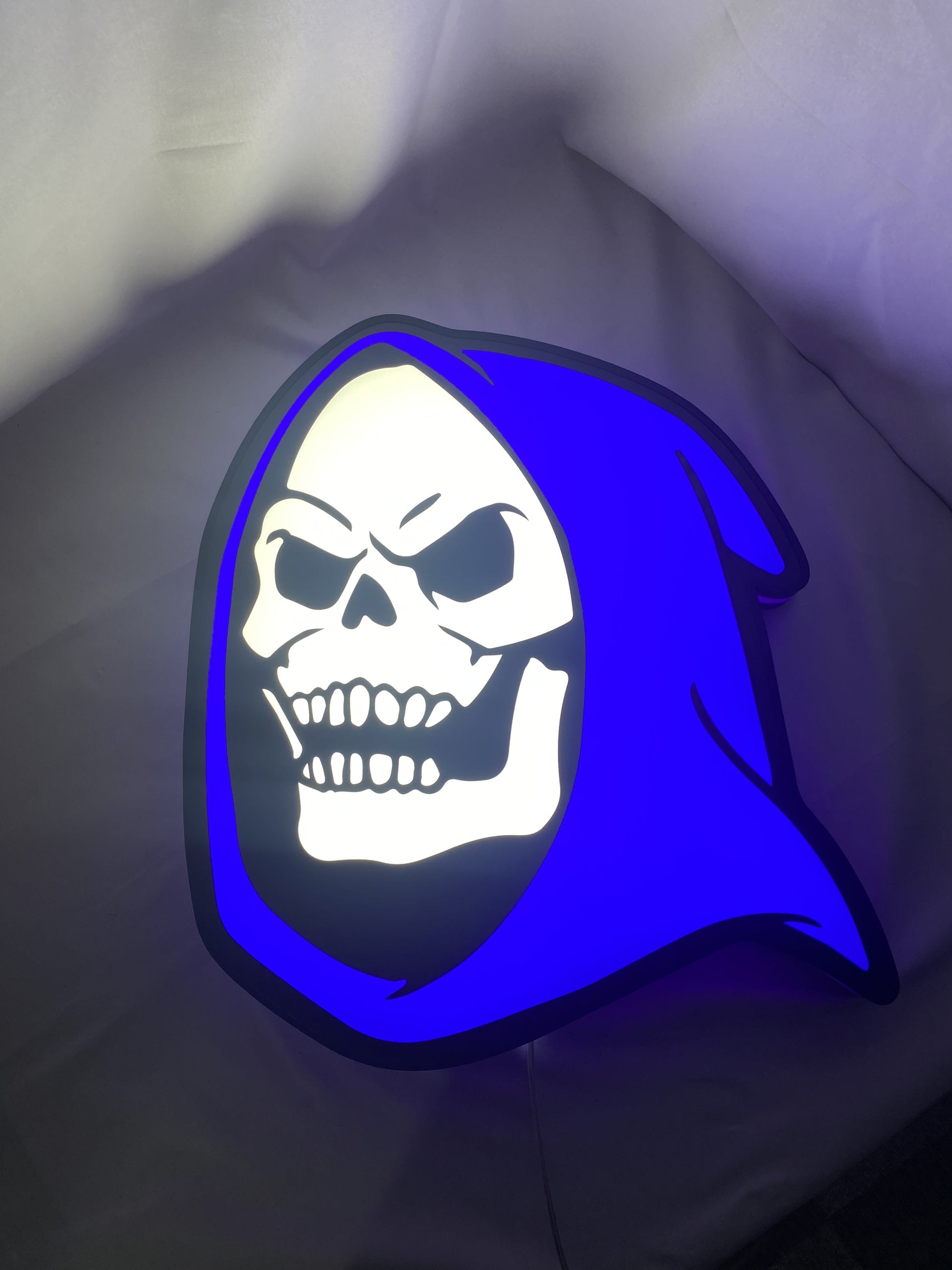40cm Skeletor 3D Printed Sign - Illuminated flat lay front view, unique wall art for desk and room decor