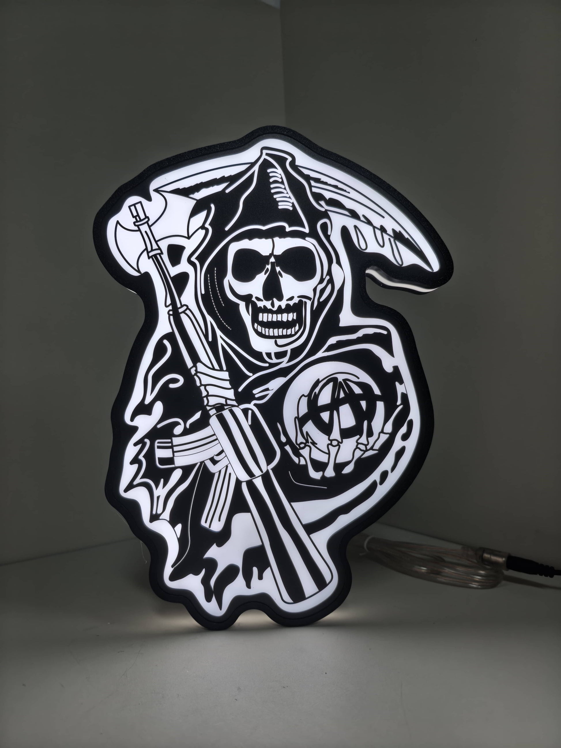 Illuminated front view standing of Sons Of Anarchy 3D LED Sign in 30cm, unique wall art for desk and room decor