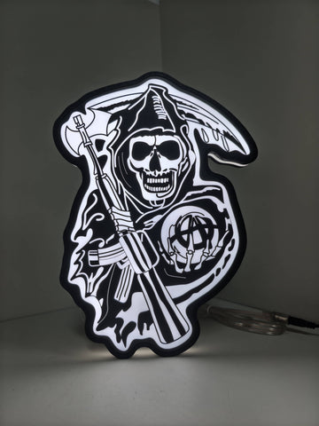 Illuminated front view standing of Sons Of Anarchy 3D LED Sign in 30cm, unique wall art for desk and room decor