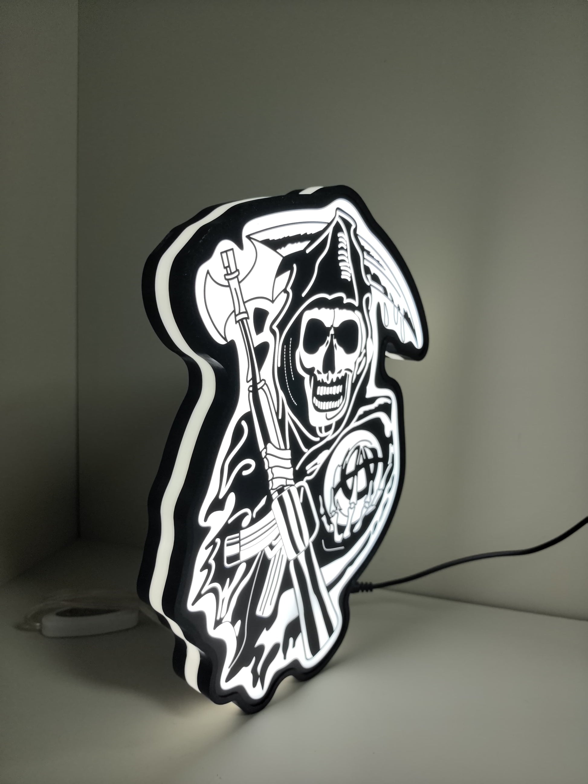 30cm Sons Of Anarchy Glowing Wall Art - Illuminated angled view standing, unique wall art for desk and room decor
