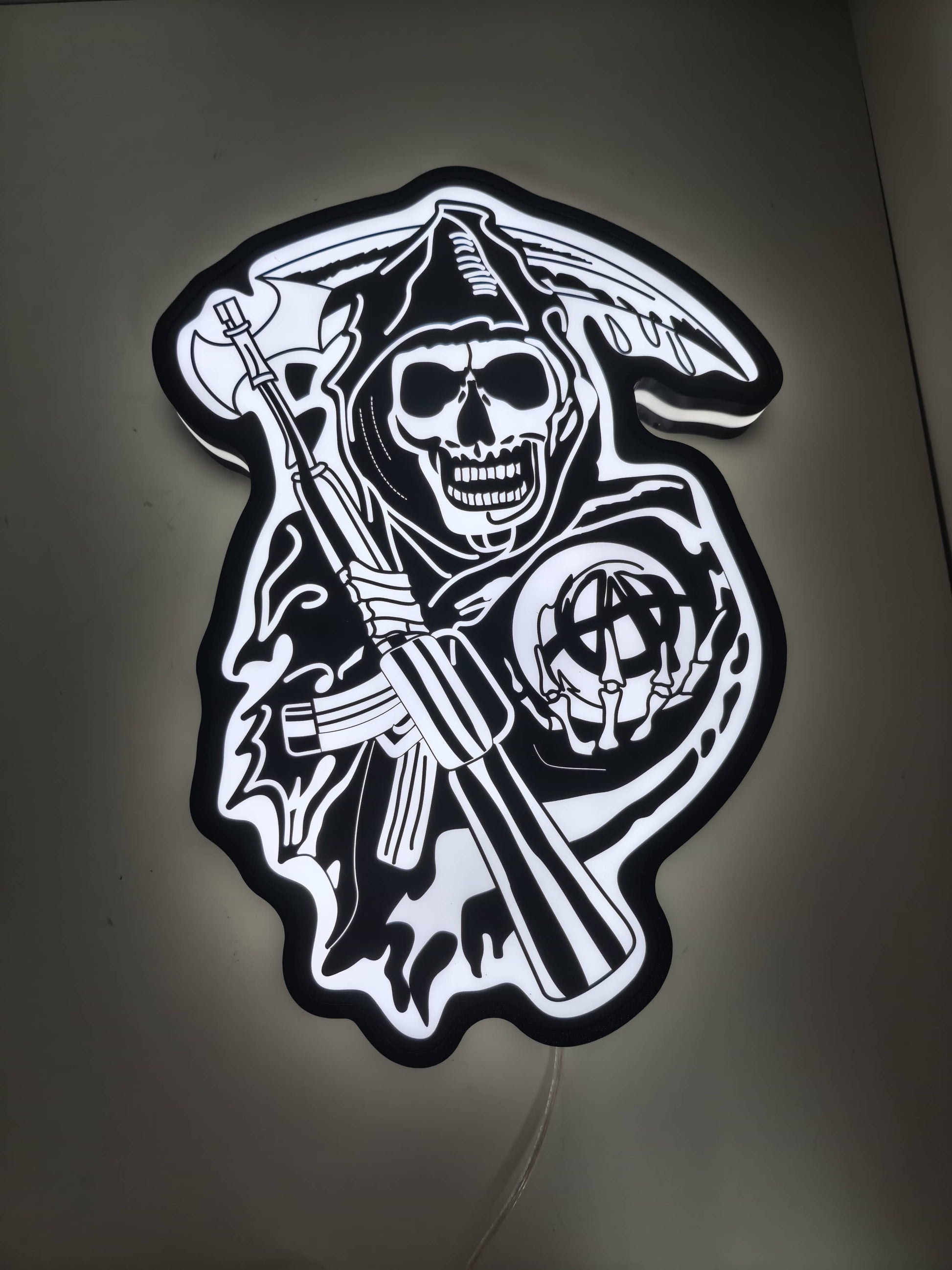 Illuminated flat lay front view of Sons Of Anarchy Illuminated Sign in 30cm, unique wall art for desk and room decor