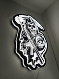 Sons Of Anarchy LED Light Box (30cm) - Illuminated flat lay angled view, unique wall art for desk and room decor