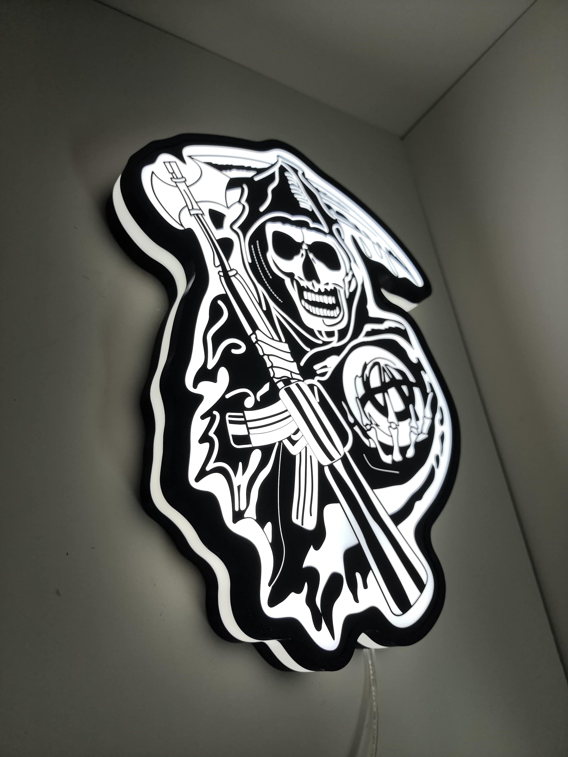 Sons Of Anarchy LED Light Box (30cm) - Illuminated flat lay angled view, unique wall art for desk and room decor