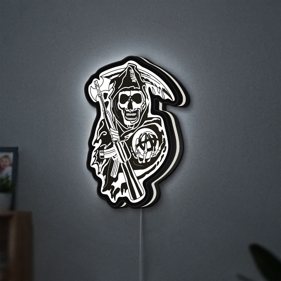 Sons of Anarchy LED lightbox hanging on a wall with white glow
