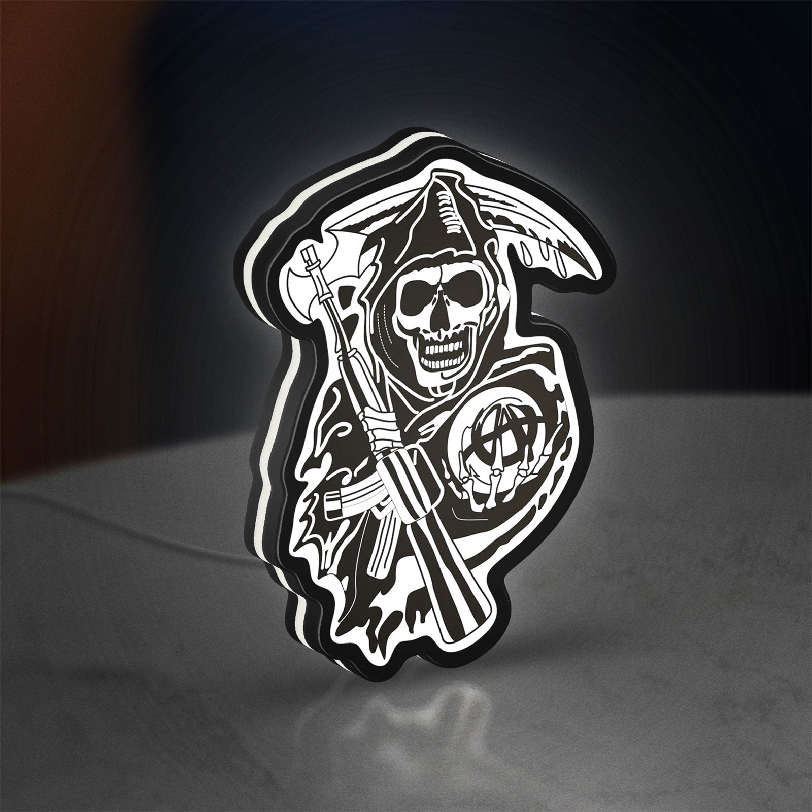 Sons of Anarchy LED lightbox standing on a desk from an angled side view with white glow