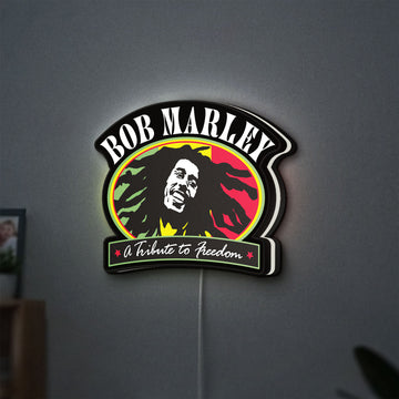 Bob Marley LED lightbox hanging on a wall with white glow