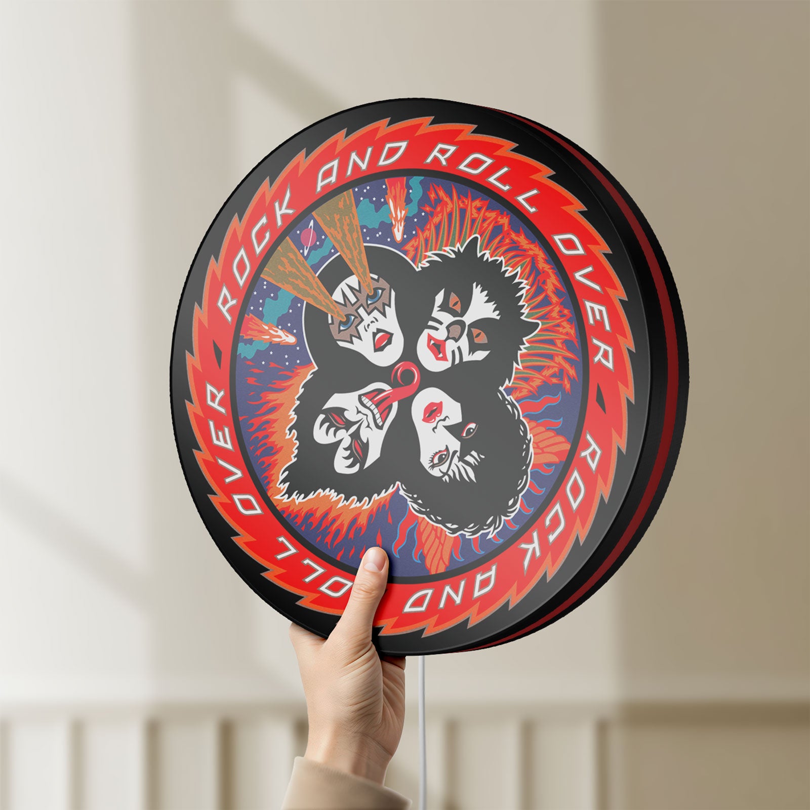Unlit Kiss Rock And Roll Over LED lightbox held by hand to show size and details
